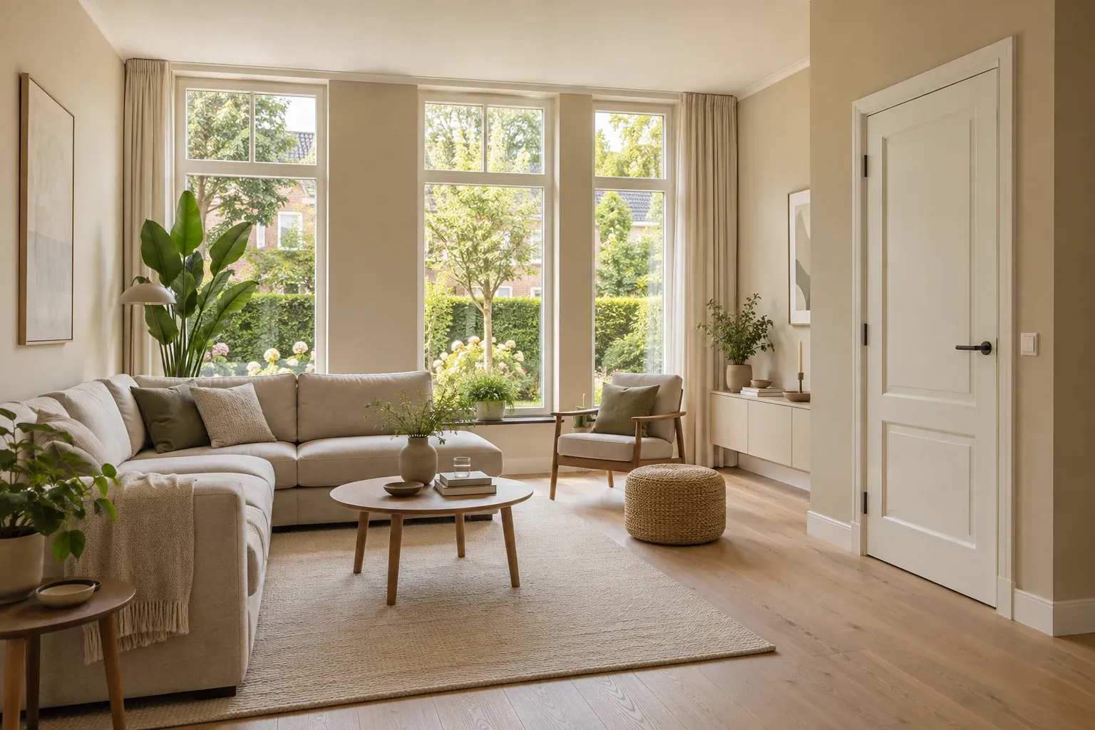 Sfeerbeeld: licht interieur met beige wanden, witte deuren en strak afgewerkte plinten