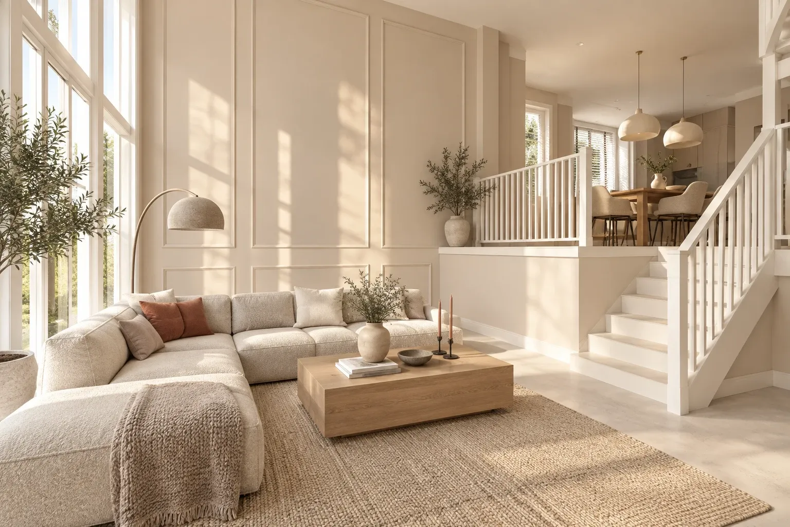 Licht interieur met beige muren en wit geschilderde trapleuningen