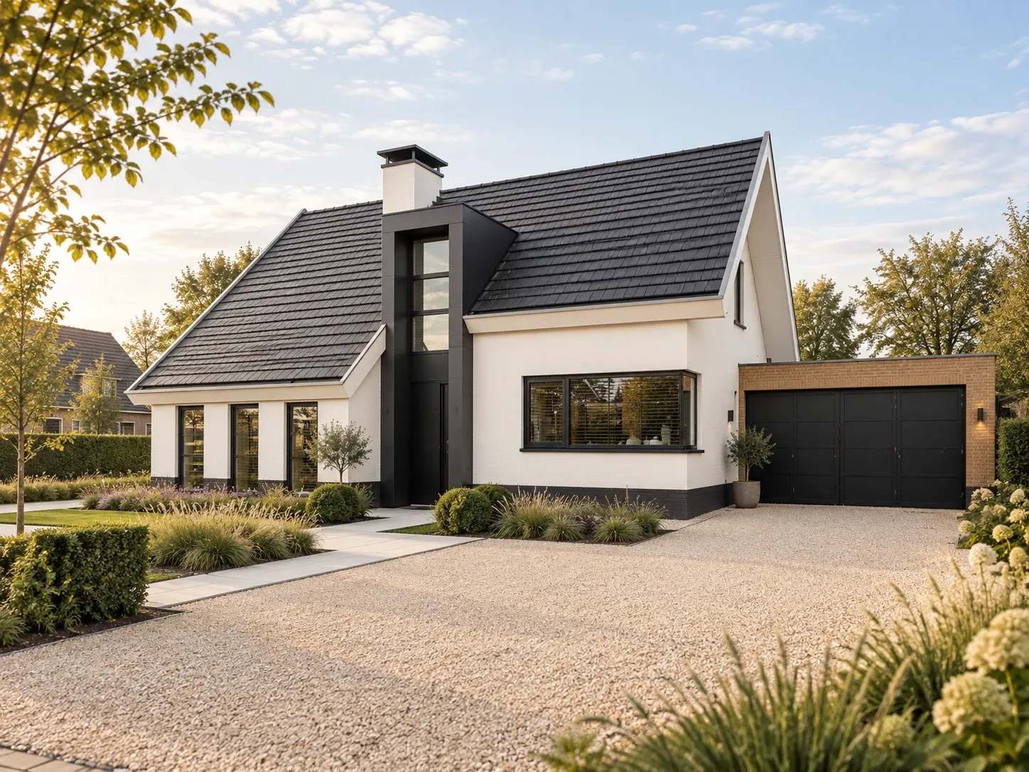 Vrijstaande woning met crèmekleurige gevel, antraciet pannendak en een aangelegde tuin
